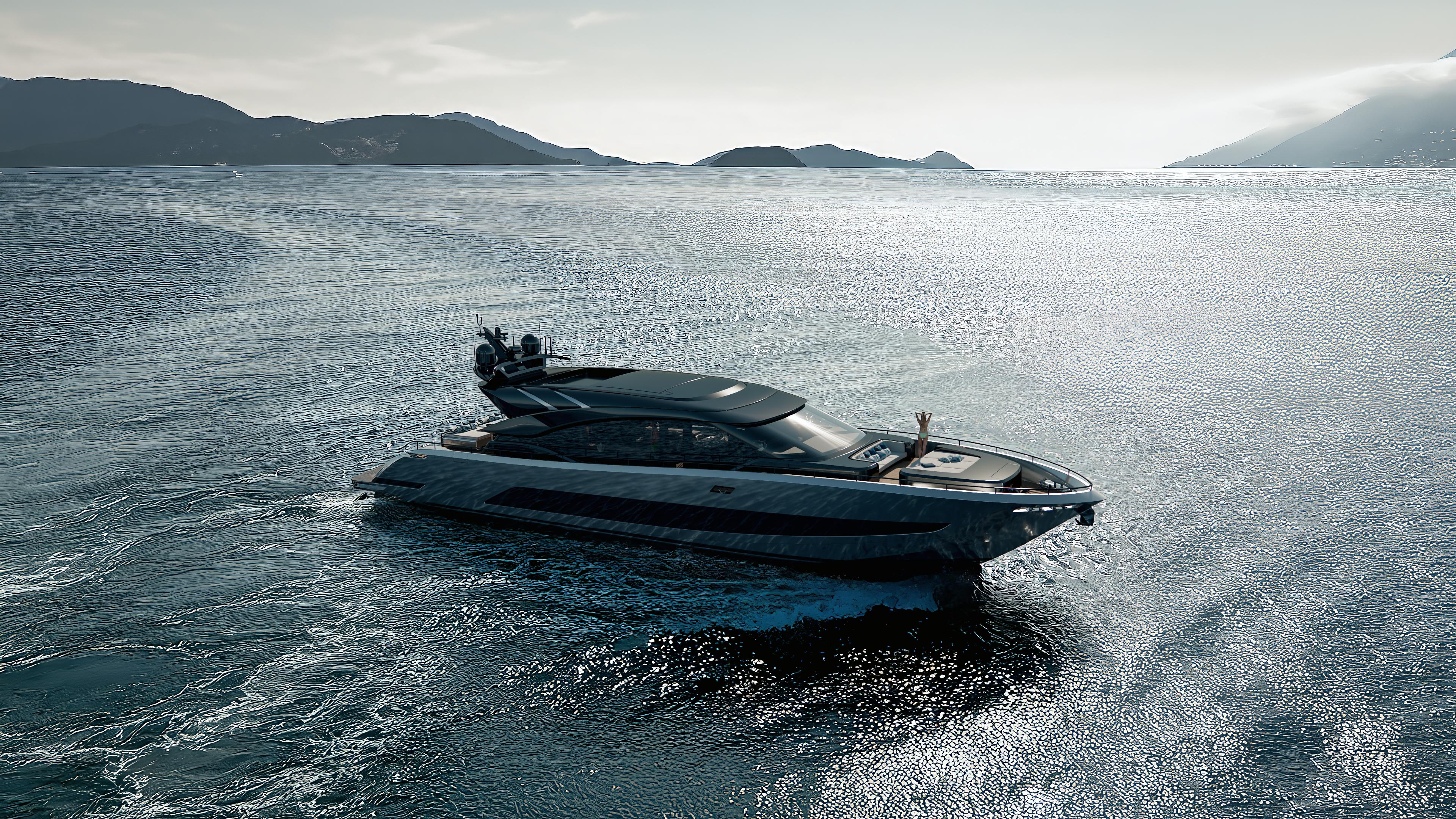 Luxurious 2026 AB 95S yacht cruising on serene waters with scenic mountain backdrop.