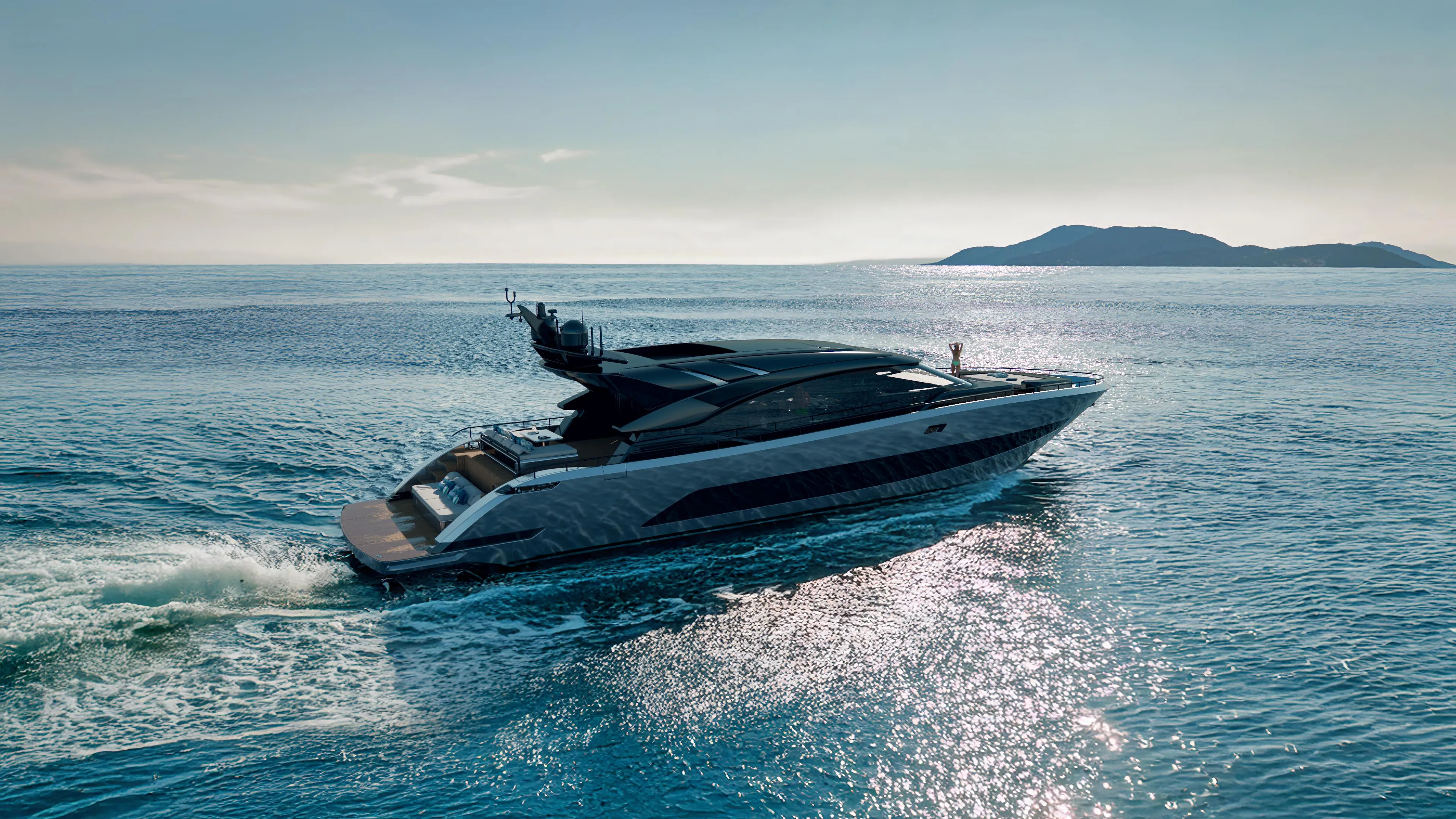 Luxurious 2026 AB 95S yacht cruising on serene ocean waters near an island.