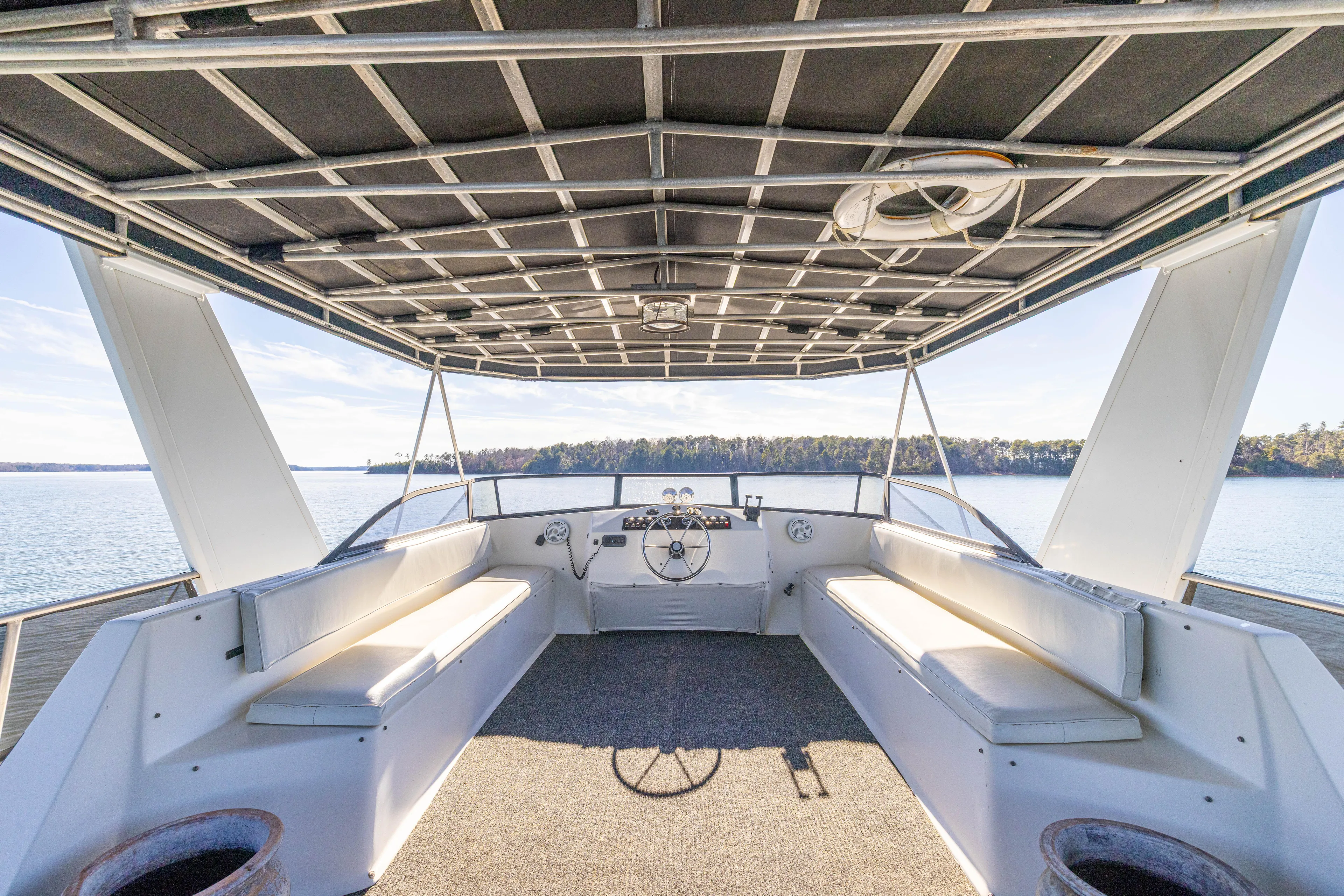  Yacht Photos Pics 1998 Stardust Cruisers Custom Luxury Houseboat interior with spacious seating and panoramic lake view.