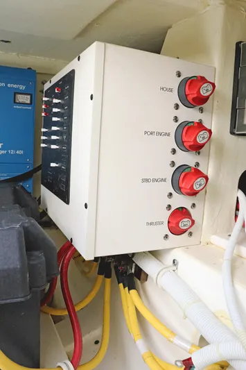  Yacht Photos Pics Electrical panel in a 2021 Tiara Sport 34 LX boat, featuring engine and thruster controls.