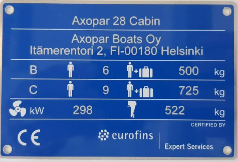 Squirt Yacht Photos Pics Plaque displaying specifications for 2023 Axopar 28 Cabin boat, certified by Eurofins.