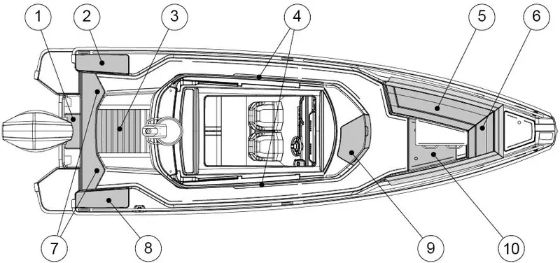 Squirt Yacht Photos Pics Top view schematic of 2023 Axopar 28 CABIN boat layout with numbered sections.