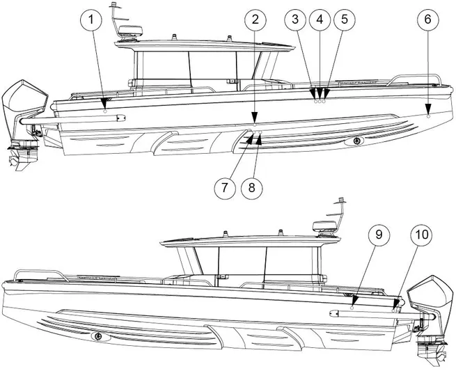 Squirt Yacht Photos Pics Line drawing of 2023 Axopar 28 CABIN boat, showcasing detailed side views and features.