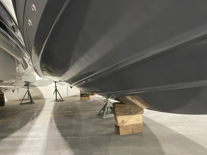  Yacht Photos Pics 2017 Cruisers Yachts 338 SOUTH BEACH hull on wooden blocks in storage.