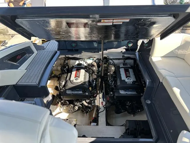  Yacht Photos Pics Engine compartment of 2017 Cruisers Yachts 338 SOUTH BEACH, showcasing dual engines.