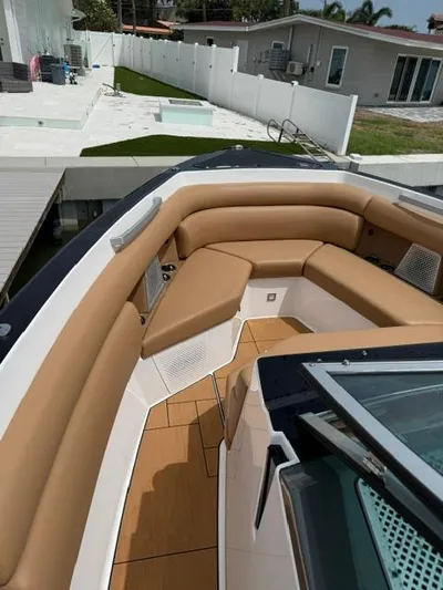  Yacht Photos Pics 2023 Aviara AV36 OB boat with tan seating and sleek design.