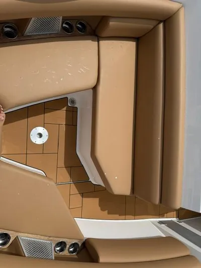  Yacht Photos Pics 2023 Aviara AV36 OB boat interior with tan seating and teak flooring.