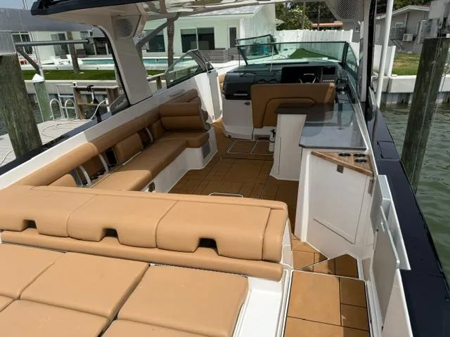  Yacht Photos Pics 2023 Aviara AV36 OB boat interior with tan seating and modern design.