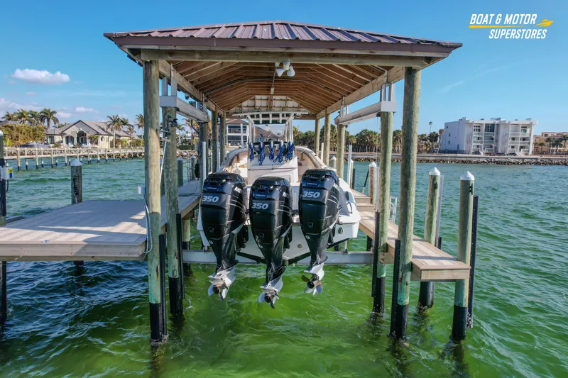  Yacht Photos Pics 2018 Key West Billistic 351 Center Console docked with triple Mercury 350 engines.