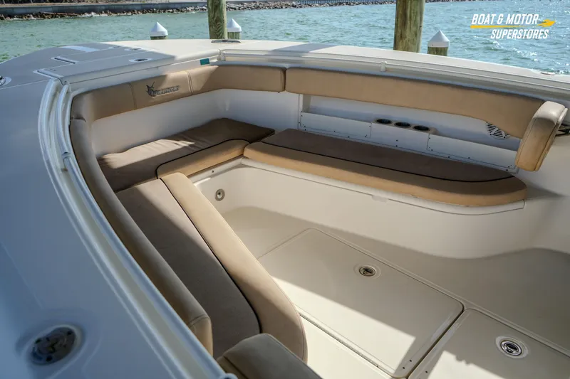  Yacht Photos Pics 2018 Key West Billistic 351 Center Console boat interior with cushioned seating.