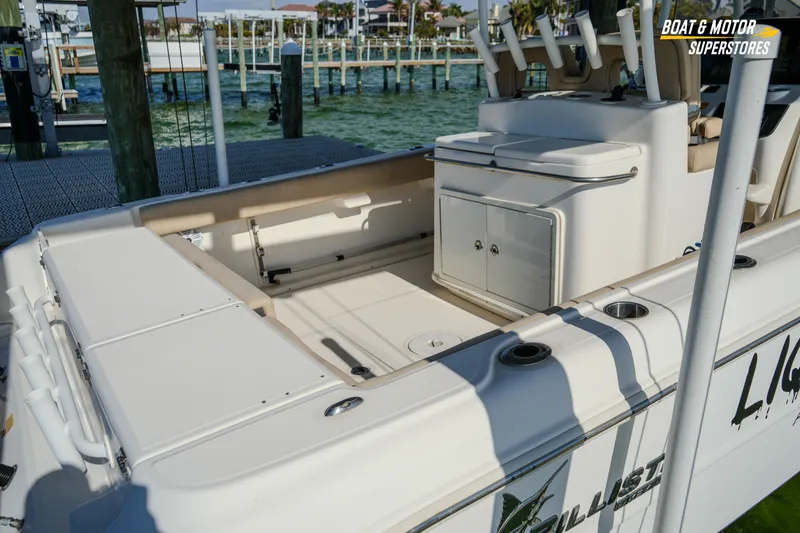  Yacht Photos Pics 2018 Key West Billistic 351 Center Console boat docked, featuring spacious deck and storage.