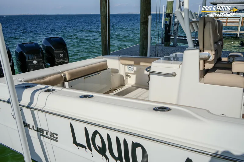  Yacht Photos Pics 2018 Key West Billistic 351 Center Console boat docked with triple outboard engines.