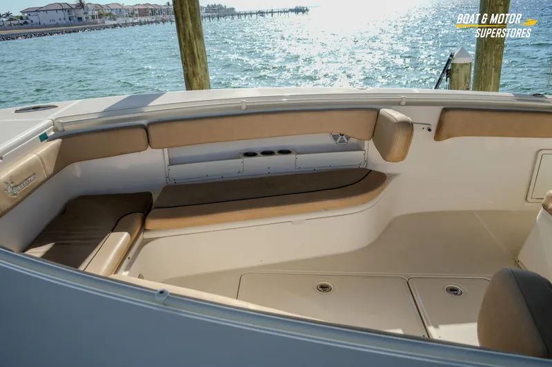  Yacht Photos Pics 2018 Key West Billistic 351 Center Console boat interior with cushioned seating and ocean view.