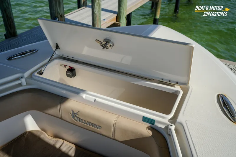  Yacht Photos Pics 2018 Key West Billistic 351 Center Console boat storage compartment open at dock.