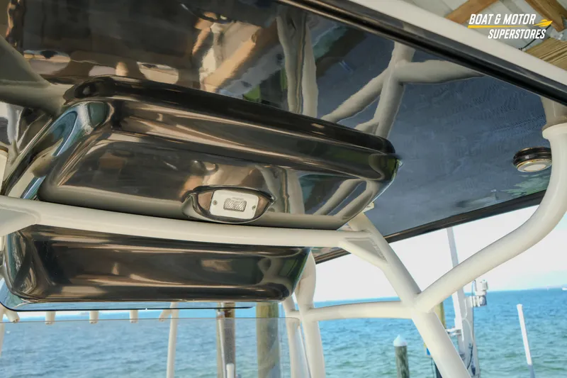  Yacht Photos Pics 2018 Key West Billistic 351 Center Console boat roof detail with ocean background.