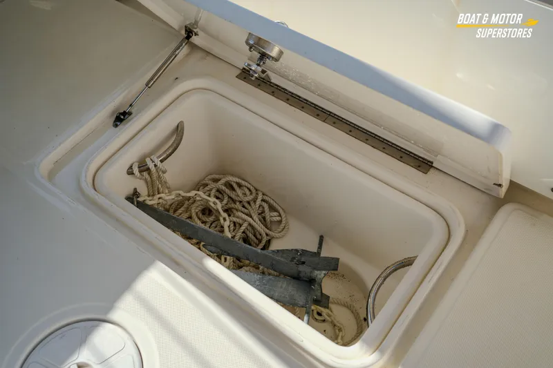  Yacht Photos Pics Open storage compartment on 2018 Key West Billistic 351 Center Console with anchor and rope.