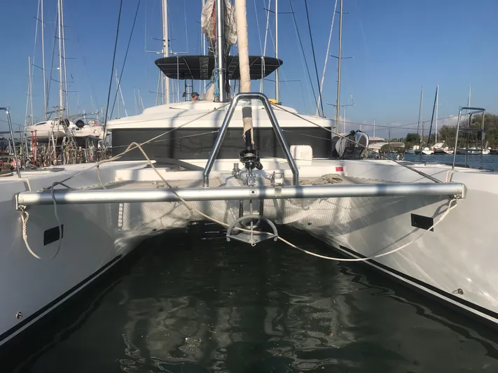 Matilda Mia Yacht Photos Pics 2015 Lagoon 52 catamaran docked in marina, front view with clear blue sky.