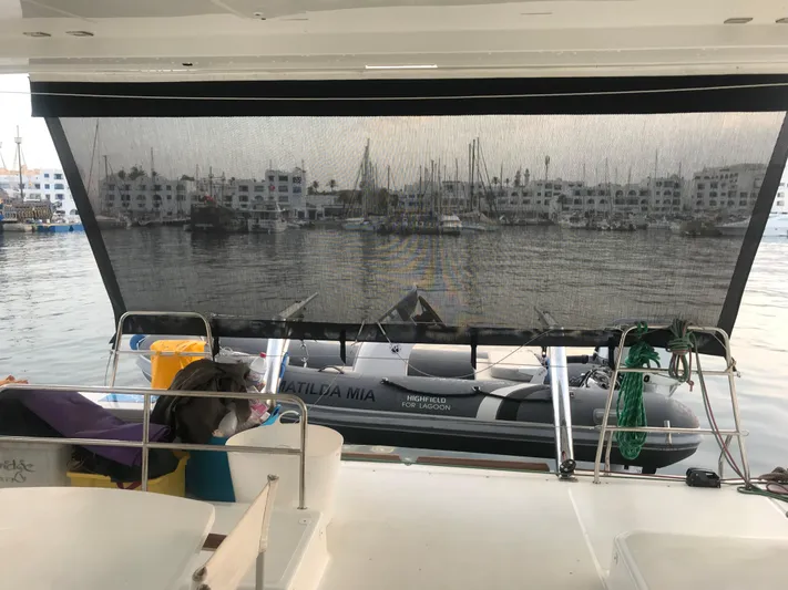 Matilda Mia Yacht Photos Pics Lagoon 52 yacht interior view with marina backdrop, 2015 model.