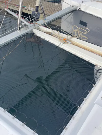 Matilda Mia Yacht Photos Pics 2015 Lagoon 52 catamaran deck with netting and ropes.