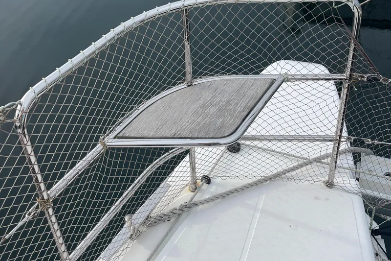 Matilda Mia Yacht Photos Pics Bow of 2015 Lagoon 52 catamaran with safety netting and deck detail.