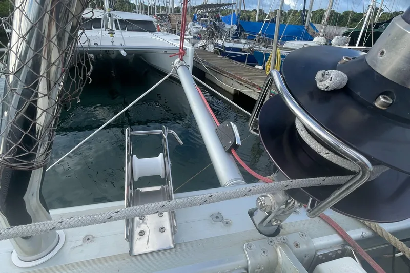 Matilda Mia Yacht Photos Pics Lagoon 52 catamaran, 2015 model, docked at marina with visible rigging and winch.