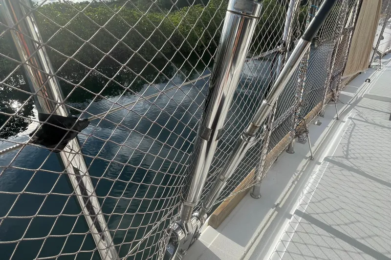 Matilda Mia Yacht Photos Pics Stainless steel railing and netting on a 2015 Lagoon 52 yacht deck.