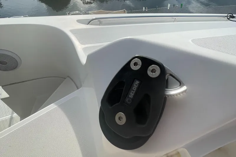 Matilda Mia Yacht Photos Pics Deck detail of a 2015 Lagoon 52 yacht, featuring a mounted pulley system.