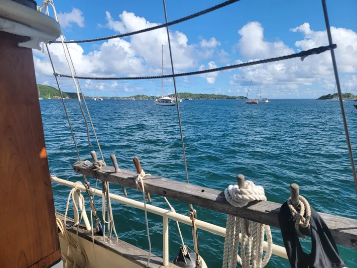 Maisie Rose Yacht Photos Pics Sailboat view on ocean with blue sky, Custom Kuipper NV Holland, 1984 model.