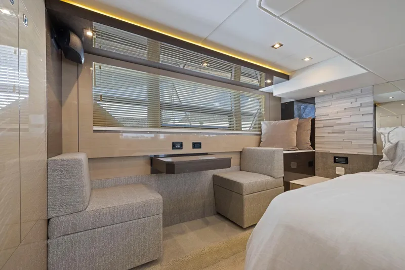 Simply Complicated Yacht Photos Pics Luxurious interior of 2019 Cruisers Yachts 54 Cantius with modern seating and elegant design.