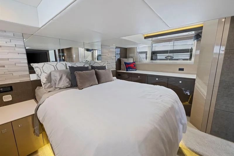 Simply Complicated Yacht Photos Pics Luxurious bedroom interior of 2019 Cruisers Yachts 54 Cantius with modern decor.