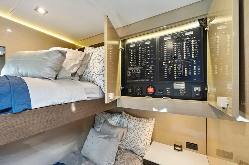 Simply Complicated Yacht Photos Pics 2019 Cruisers Yachts 54 Cantius cabin with bunk beds and electrical panel.