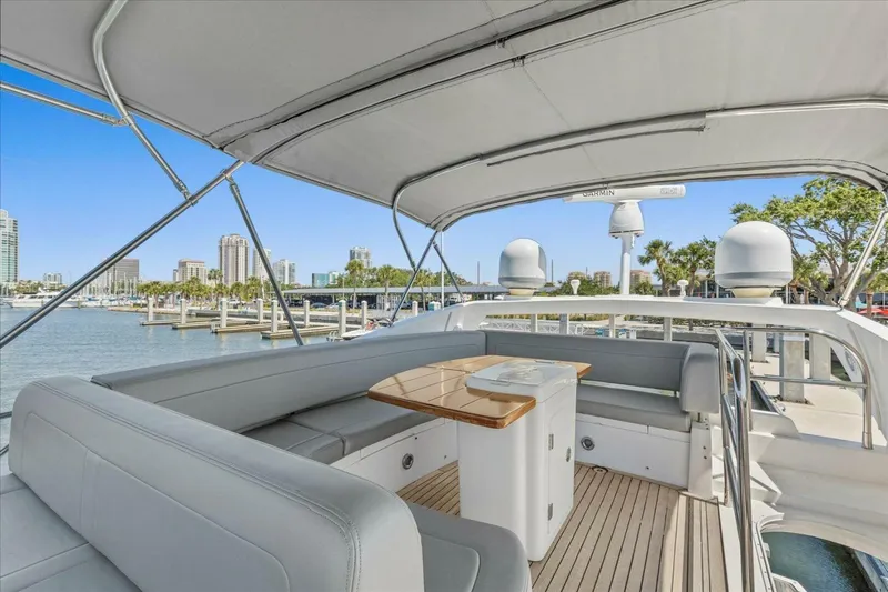 Cheers Yacht Photos Pics Luxurious 2009 Sunseeker Manhattan 52 yacht with spacious deck and marina view.