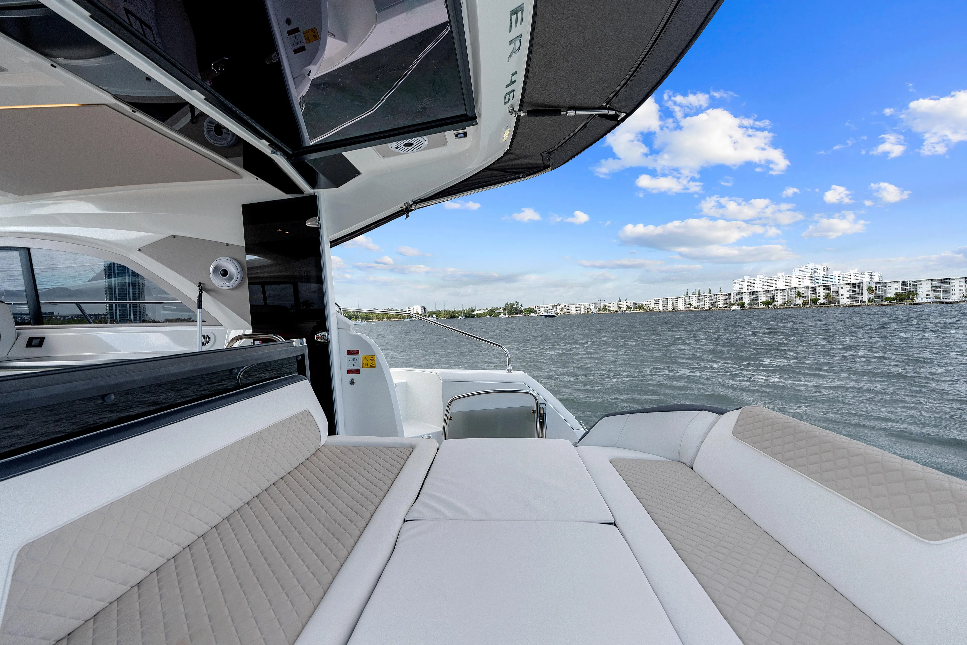 Notre Reve Yacht Photos Pics Luxurious Jeanneau Leader 46 yacht interior with waterfront view, 2018 model.