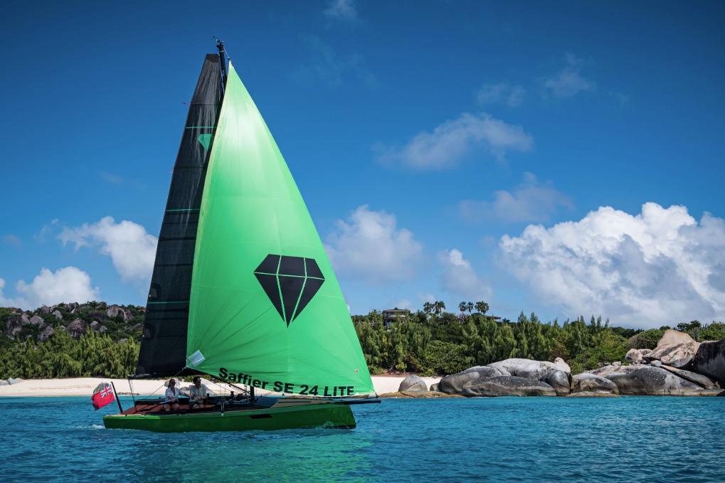 Saffier 24 Lite sailboat gliding on turquoise water near a tropical beach, 2026 model.