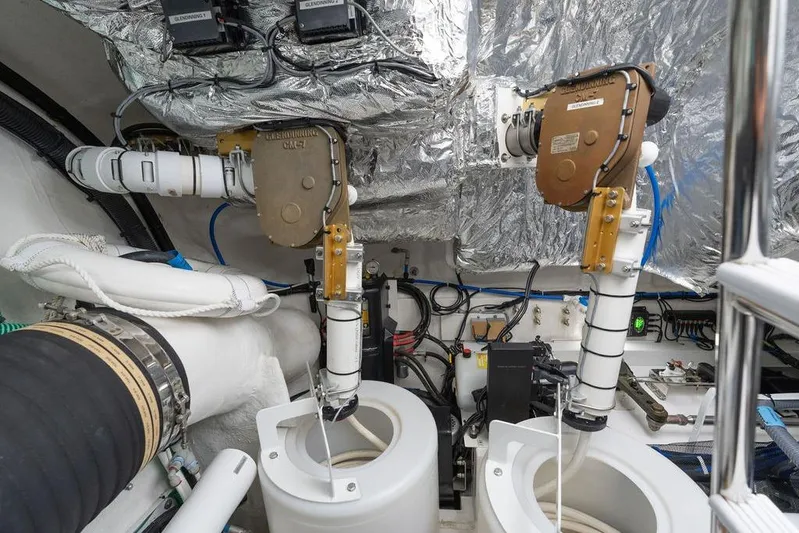  Yacht Photos Pics Engine room of a 2020 Princess S66 yacht with advanced mechanical systems.