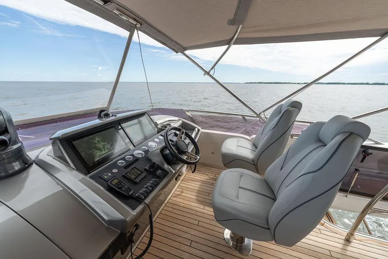  Yacht Photos Pics Helm of 2020 Princess S66 yacht with dual seats and navigation controls.