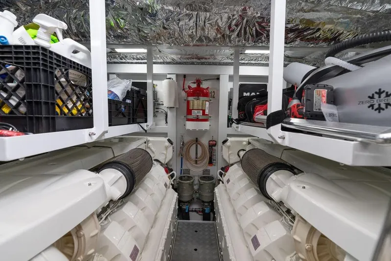  Yacht Photos Pics Engine room of 2020 Princess S66 yacht with organized storage and equipment.