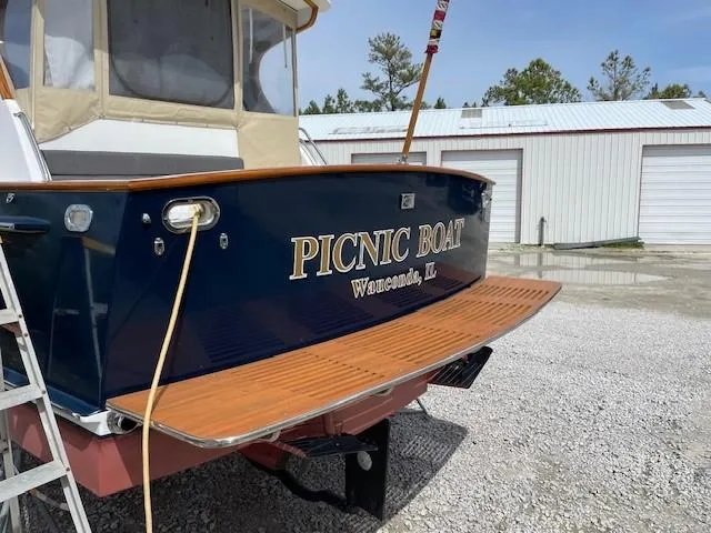  Yacht Photos Pics 2003 Legacy Yachts 34 Sedan, "Picnic Boat," docked with wooden deck, Wauconda, IL.