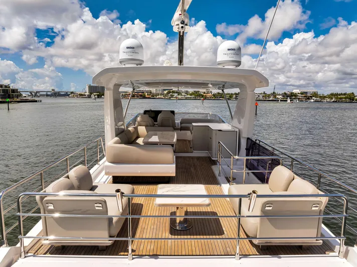  Yacht Photos Pics Luxurious 2022 Azimut Fly 60 yacht with spacious deck and seating, cruising on a sunny day.