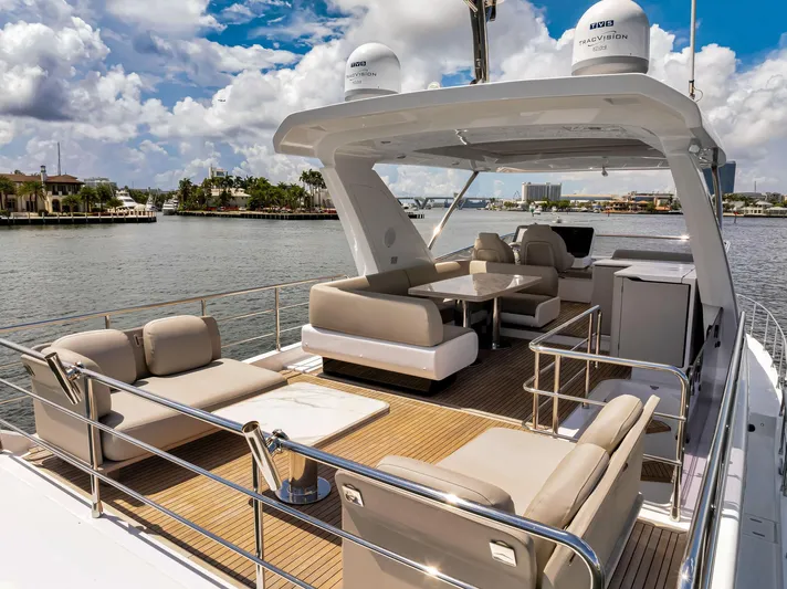 Yacht Photos Pics Luxurious 2022 Azimut Fly 60 yacht with spacious deck and elegant seating, docked by the waterfront.