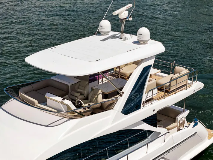  Yacht Photos Pics 2022 Azimut Fly 60 yacht with spacious flybridge and luxurious seating on the water.