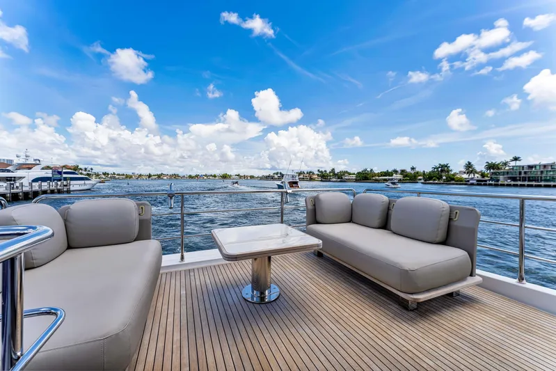  Yacht Photos Pics Luxurious 2022 Azimut Fly 60 yacht deck with comfortable seating and ocean view.