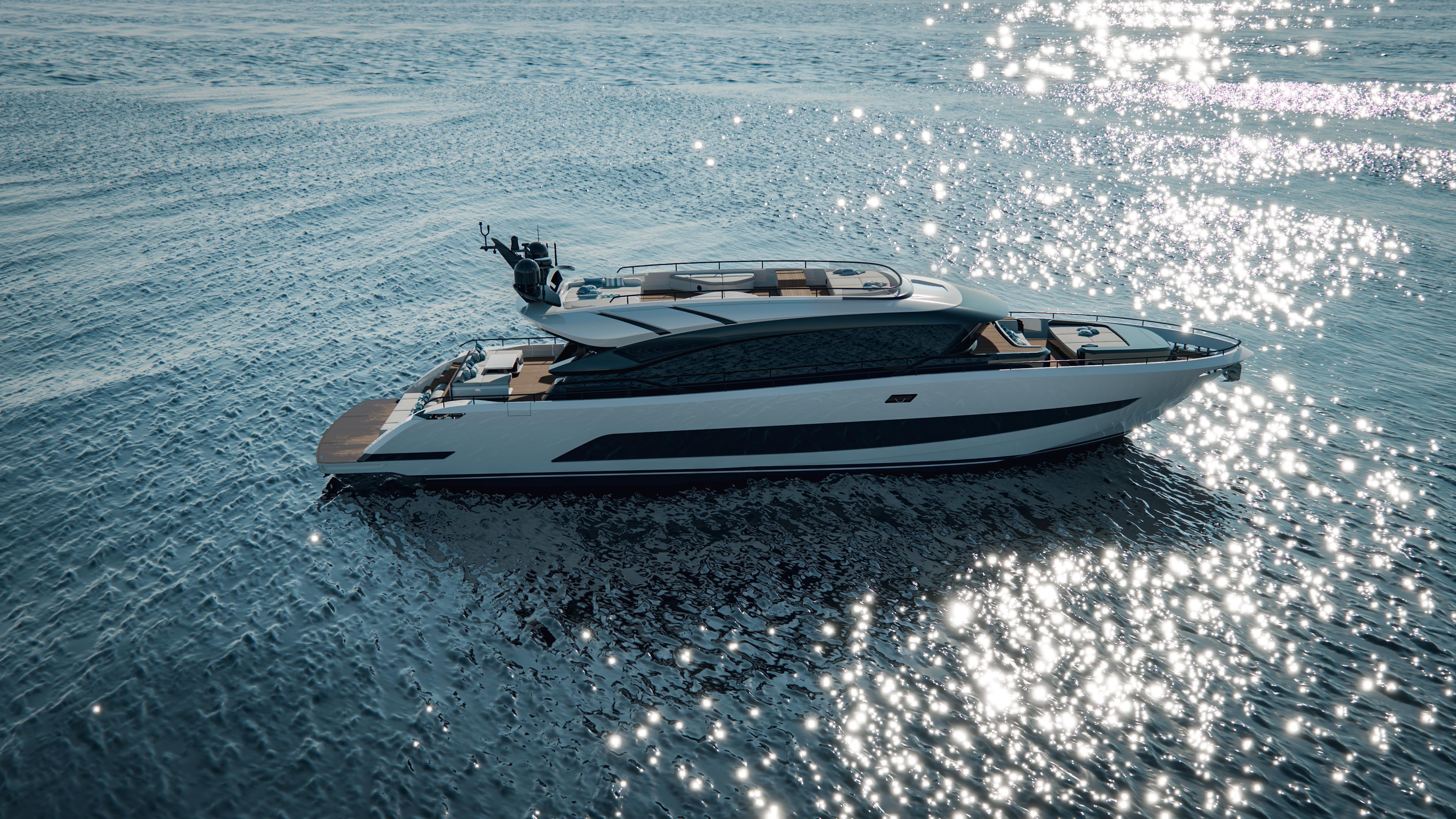 Luxurious 2026 AB 95C yacht gliding on sparkling ocean waters.