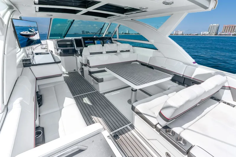  Yacht Photos Pics Luxurious 2017 Formula 430 All Sport Crossover yacht interior with spacious seating and ocean view.