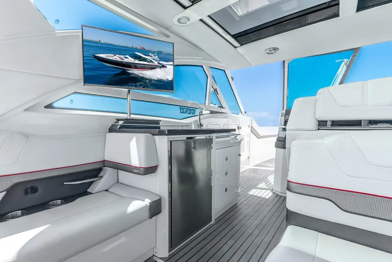  Yacht Photos Pics Luxurious interior of 2017 Formula 430 All Sport Crossover yacht with modern amenities and sleek design.