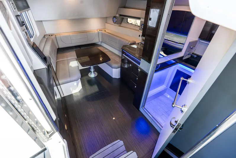  Yacht Photos Pics Luxurious interior of 2017 Formula 430 All Sport Crossover yacht with modern seating and lighting.