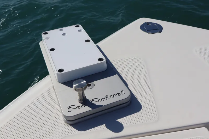  Yacht Photos Pics 2017 Sailfish 320 CC boat deck detail with mounting plate and ocean background.