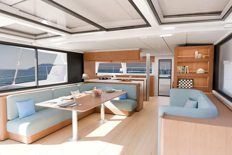  Yacht Photos Pics Luxurious interior of 2026 Bali 52 yacht with modern dining area and ocean view.