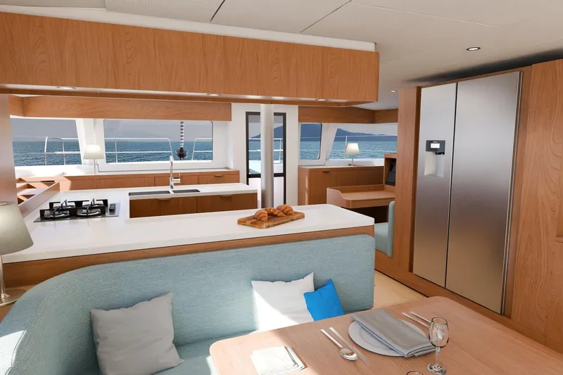 Yacht Photos Pics Luxurious interior of 2026 Bali 52 yacht with modern kitchen and ocean view.