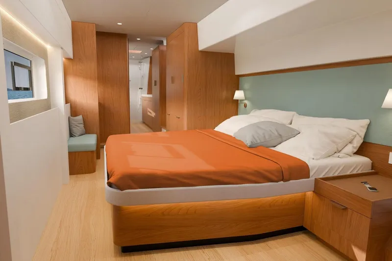  Yacht Photos Pics Luxurious Bali 52 yacht bedroom interior, 2026 model, featuring modern design and ocean view.
